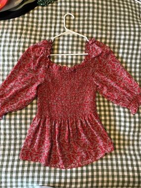 Red Floral Smocked Peasant Top